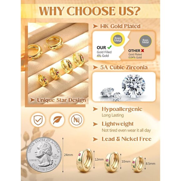 3Pairs Chunky Lightweight Hypoallergenic MultiColored 14K Gold Huggie Earrings - Picture 3 of 8